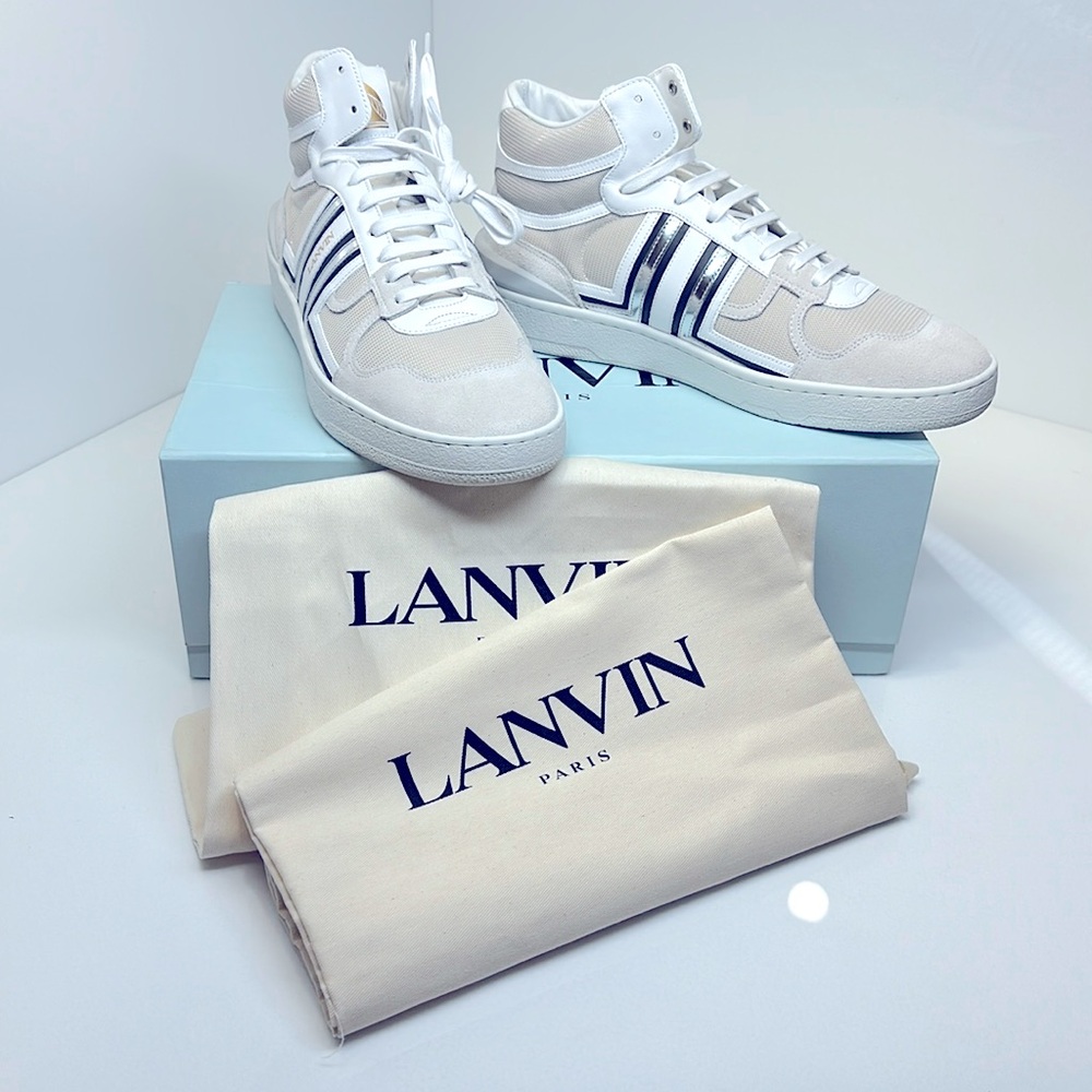 LANVIN men’s clay leather and mesh high top sneakers / size 8.5 US or 42 Europe